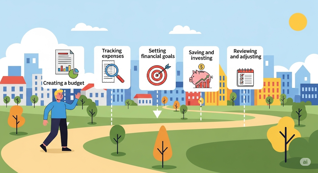 An infographic titled "Related Strategies Managing Estimated Tax" showing a person walking on a path with icons for budgeting, financial advisors, and using savings accounts.