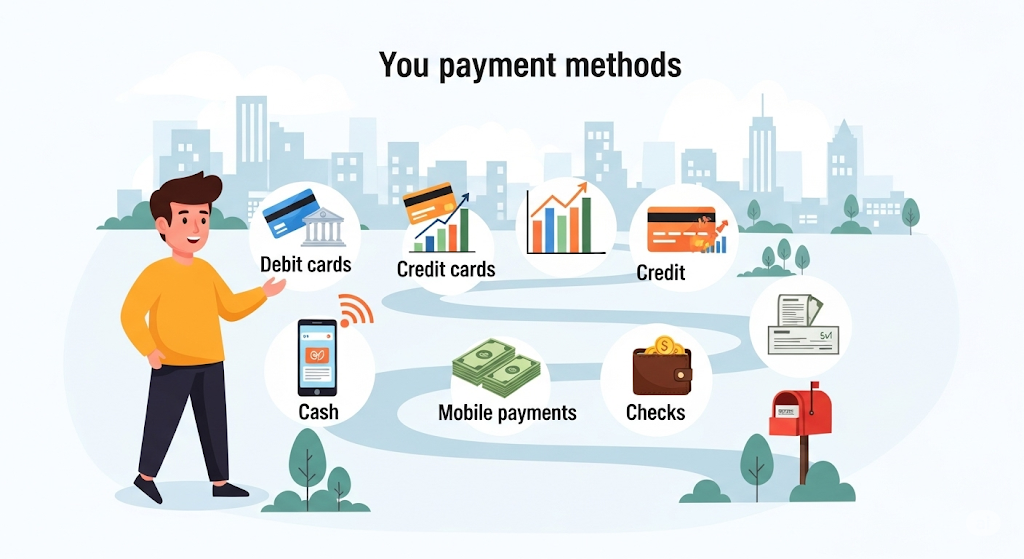 An infographic outlining "Responsible Borrowing During the Holidays," with a person walking in a snowy landscape and icons for creating a budget, prioritizing spending, looking for alternatives, and paying on time.