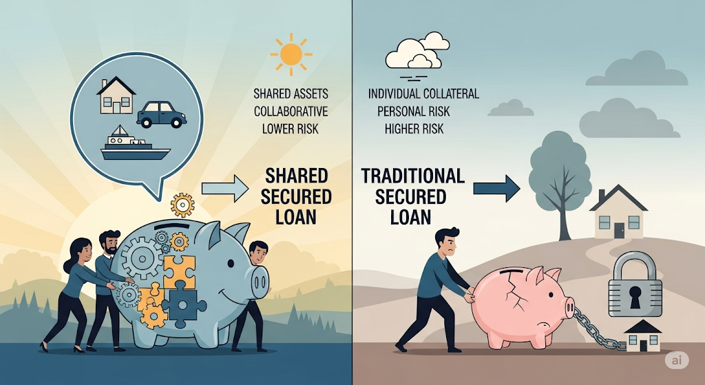 An infographic comparing a shared secured loan, which involves shared assets and lower risk, with a traditional secured loan, which involves individual collateral and higher risk, using human-like characters and piggy banks.