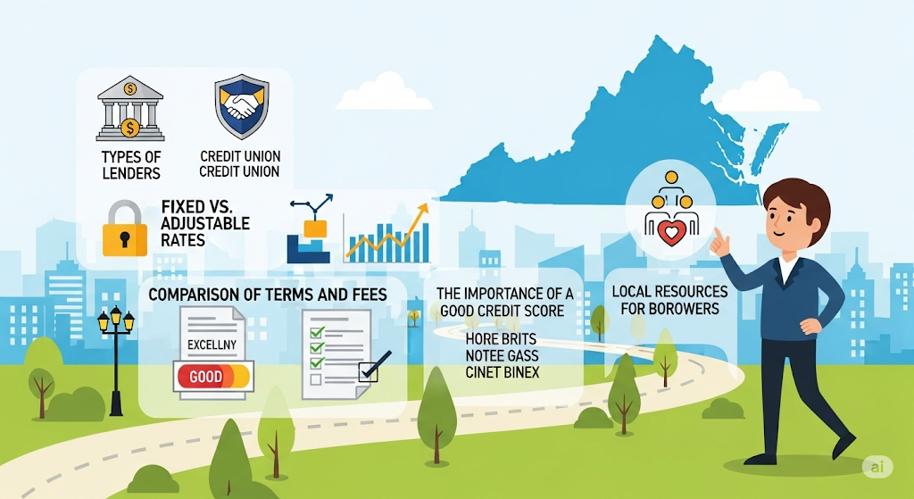 An infographic titled "Key Factors" showing a person in front of a car dealership, with icons representing credit score, debt-to-income, down payment, and vehicle choice.