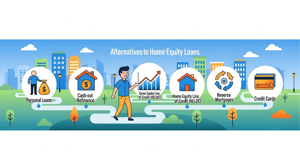 An infographic titled "Key Uses of Land Equity Loan," showing a person on a path with icons for home improvement, debt consolidation, business expansion, and education expenses.