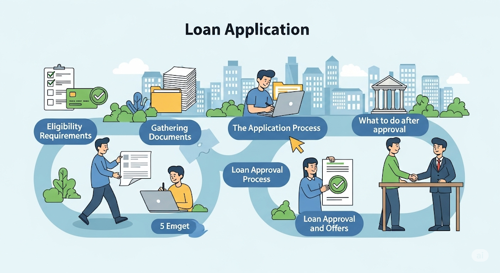 An infographic showing a "Loan Application" process, with a winding path leading through eligibility, gathering documents, application, and approval stages.