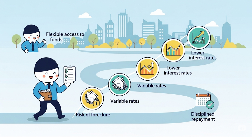 An infographic showing the process of joining a credit union, with a path leading through four steps: checking eligibility, filling out an application, making an initial deposit, and accessing member services.