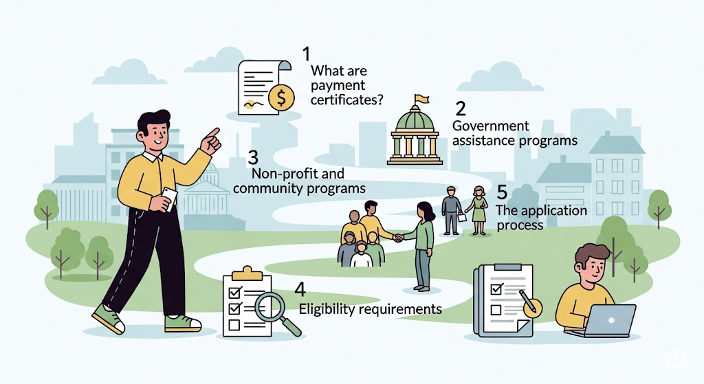 An infographic showing a "Loan Application" process, with a winding path leading through eligibility, gathering documents, application, and approval stages.
