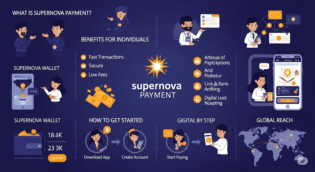 
An infographic titled "What is a Supernova Payment?" with a central explosive graphic and surrounding circular icons showing benefits, how to get started, and global reach.