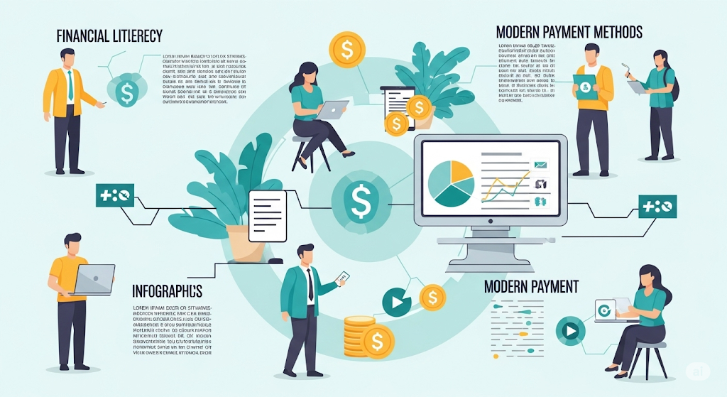 An infographic showing the process of buying a home in Wichita, Kansas, with a path leading past landmarks and icons for local resources like lenders, agents, and government programs.