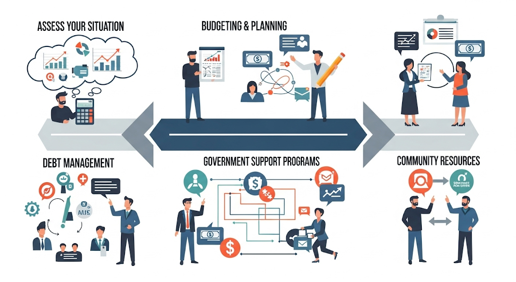An infographic showing the process of buying a home in Wichita, Kansas, with a path leading past landmarks and icons for local resources like lenders, agents, and government programs.
