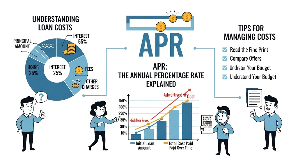 An infographic showing a strategic process for getting the best deals, with a winding path of gears and human-like characters illustrating different concepts.