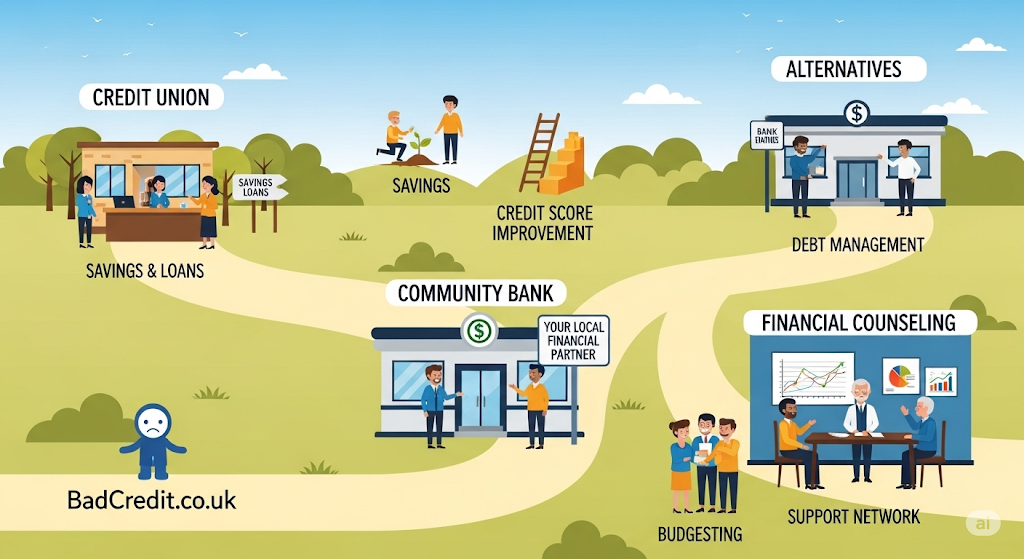 An infographic titled "ITIN Personal Loans," showing human-like characters along a winding road, with financial icons and a landscape with mountains in the background.