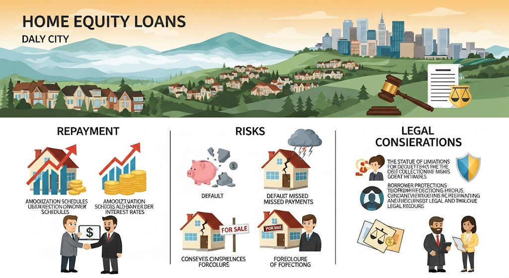 An infographic titled "QUALIFYING AND APPLYING FOR A SECOND POSITION HOME EQUITY LOAN," illustrating the process with a series of steps and human-like characters.