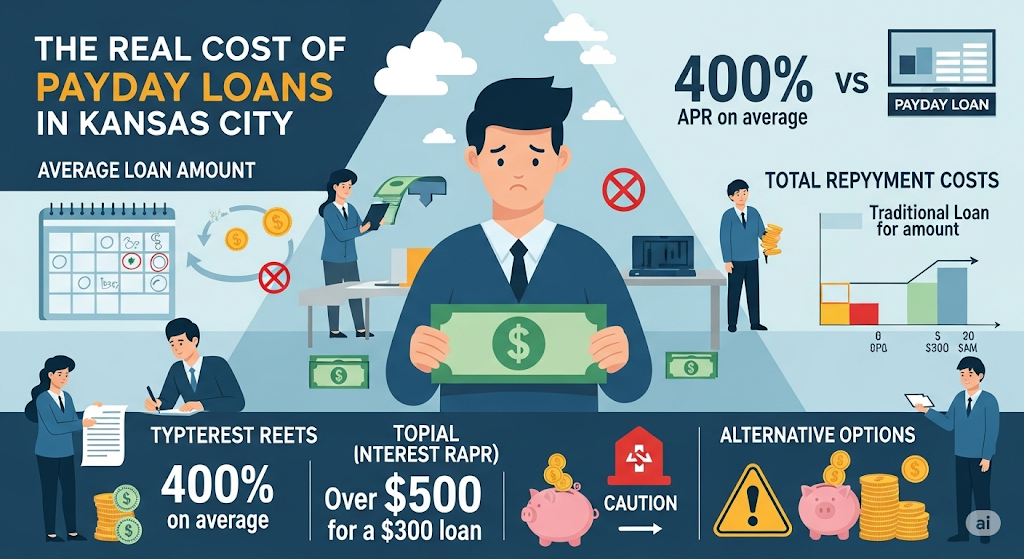 An infographic about the real cost of payday loans in Kansas City, showing a man holding a dollar bill with a worried expression. The graphic highlights the high interest rates (400% APR on average) and costs, and suggests alternative options.