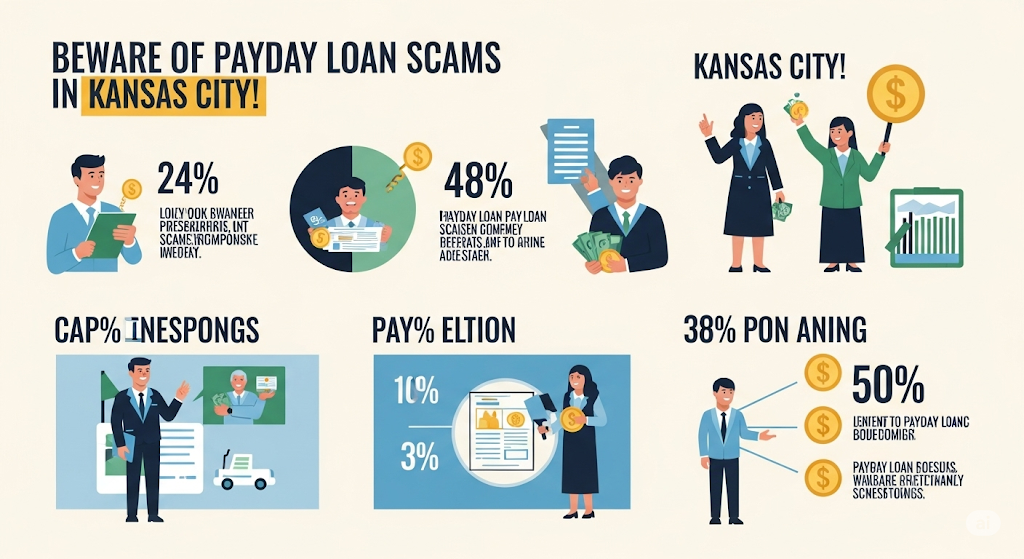 An infographic warning about payday loan scams in Kansas City, featuring illustrations of people and statistics related to different types of scams.