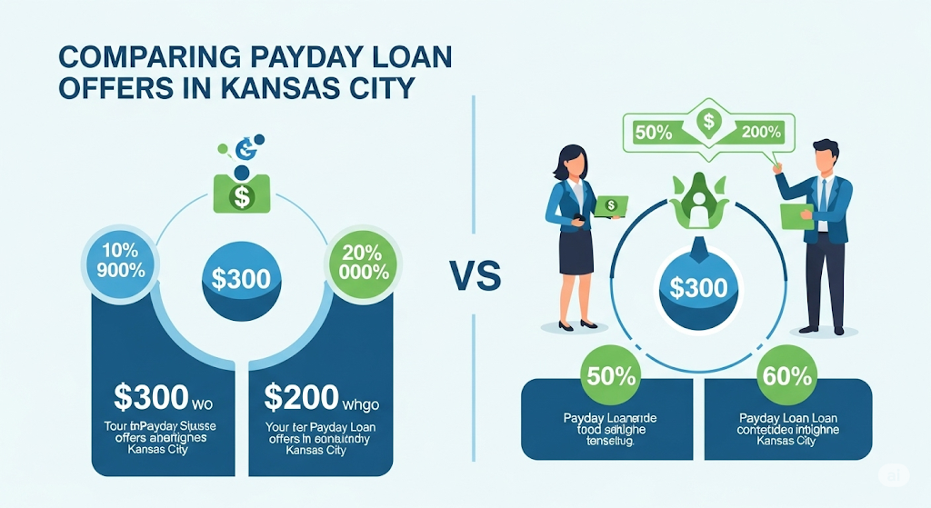 An infographic comparing different payday loan offers in Kansas City, showing illustrations of people and various statistics related to loan amounts and interest rates.