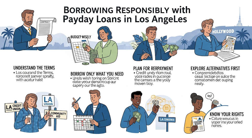 An infographic on "Borrowing Responsibly with Payday Loans in Los Angeles," with illustrations and text covering topics like understanding terms, budgeting, planning for repayment, and knowing your rights.