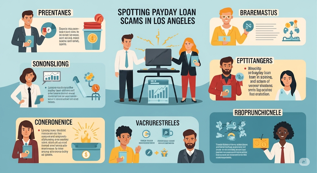 An infographic titled "Spotting Payday Loan Scams in Los Angeles," showing various illustrations and text that highlight common red flags and tips to avoid scams.