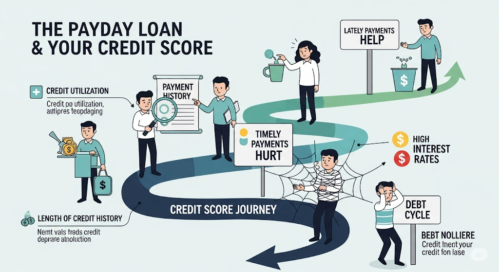 An infographic titled "The Payday Loan & Your Credit Score," illustrating the impact of payday loans on a credit score journey, from timely payments to getting caught in a debt cycle.