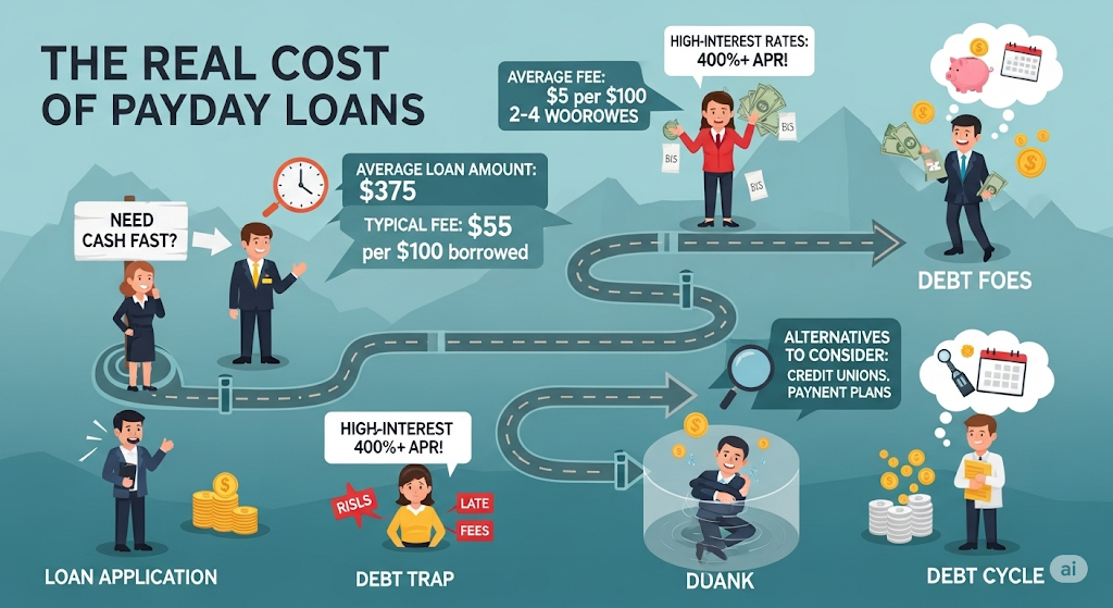 
An infographic titled "The Real Cost of Payday Loans," illustrating the process from loan application to a debt cycle, and highlighting high interest rates and alternative options.