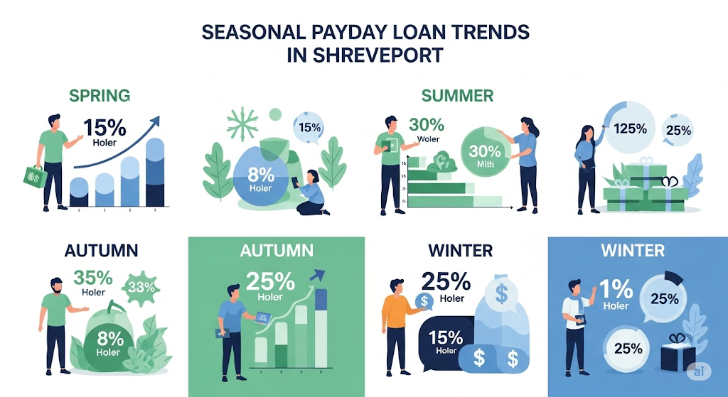 
An infographic showing seasonal payday loan trends in Shreveport, with illustrations and percentages for different seasons like Spring, Summer, Autumn, and Winter.