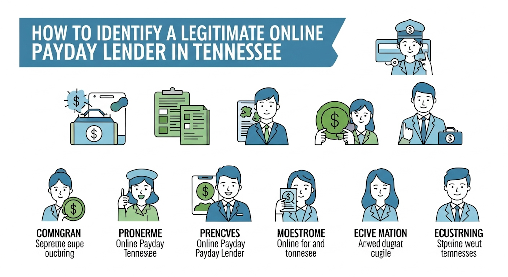 An infographic titled "How to Identify a Legitimate Online Payday Lender in Tennessee," featuring illustrations of people and text that provides tips and characteristics of legitimate lenders.