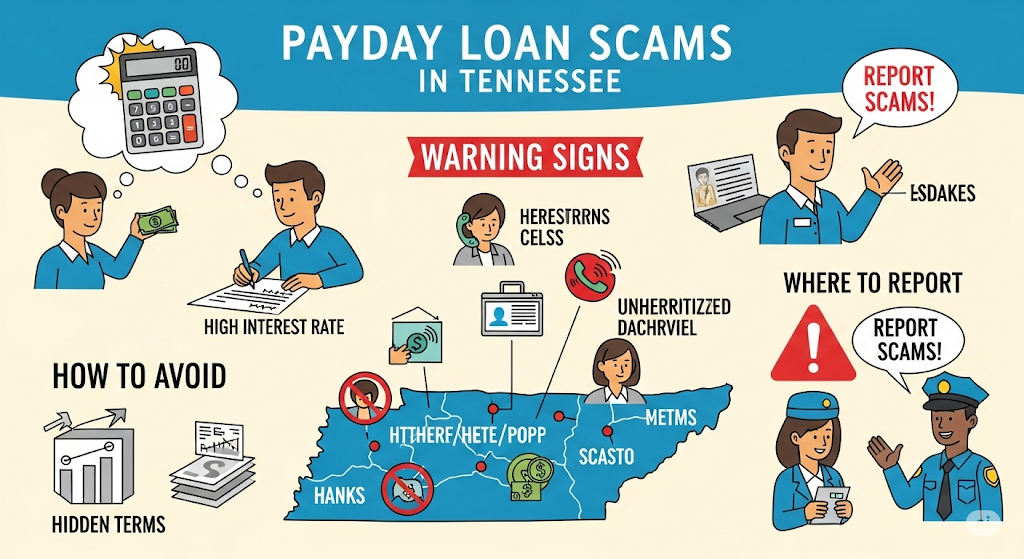 An infographic on payday loan scams in Tennessee, featuring a map of the state with locations marked, illustrations of people, warning signs, and tips on how to avoid and report scams.