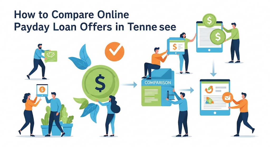 An infographic on how to compare online payday loan offers in Tennessee, showing people with tablets and large dollar signs, and a central diagram illustrating a comparison process.
