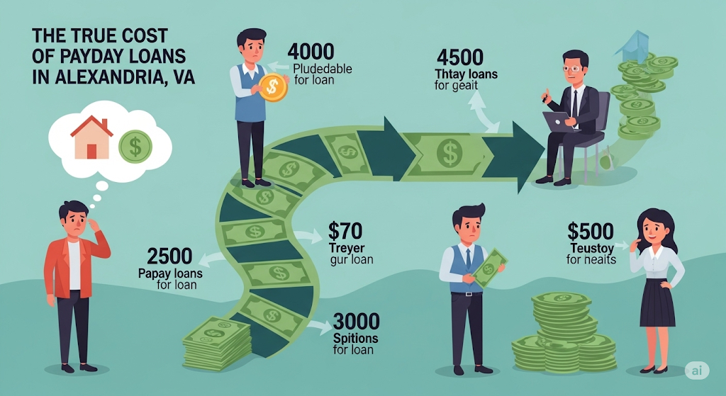 An infographic titled "The True Cost of Payday Loans in Alexandria, VA," illustrating a path made of dollar bills that shows a person getting a loan and the high costs involved.