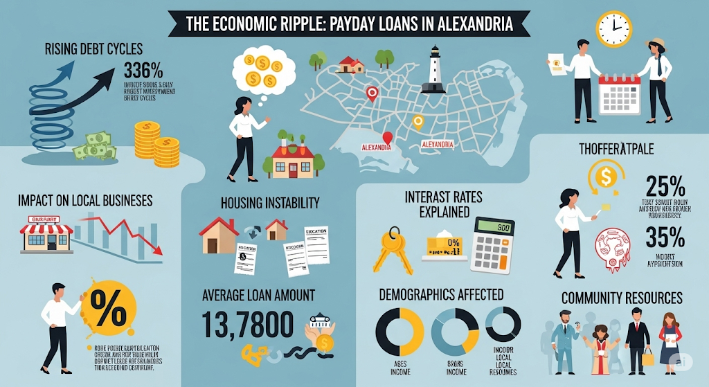 An infographic titled "The Economic Ripple: Payday Loans in Alexandria," showing how payday loans affect the local economy through rising debt, housing instability, and a negative impact on local businesses.