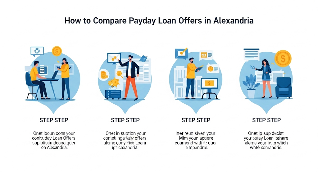 An infographic on how to compare payday loan offers in Alexandria, showing four steps with illustrations of people and icons like computers and piggy banks.