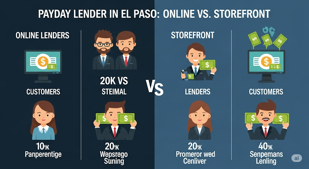 An infographic comparing online versus storefront payday lenders in El Paso, showing illustrations of customers and lenders with different statistics.