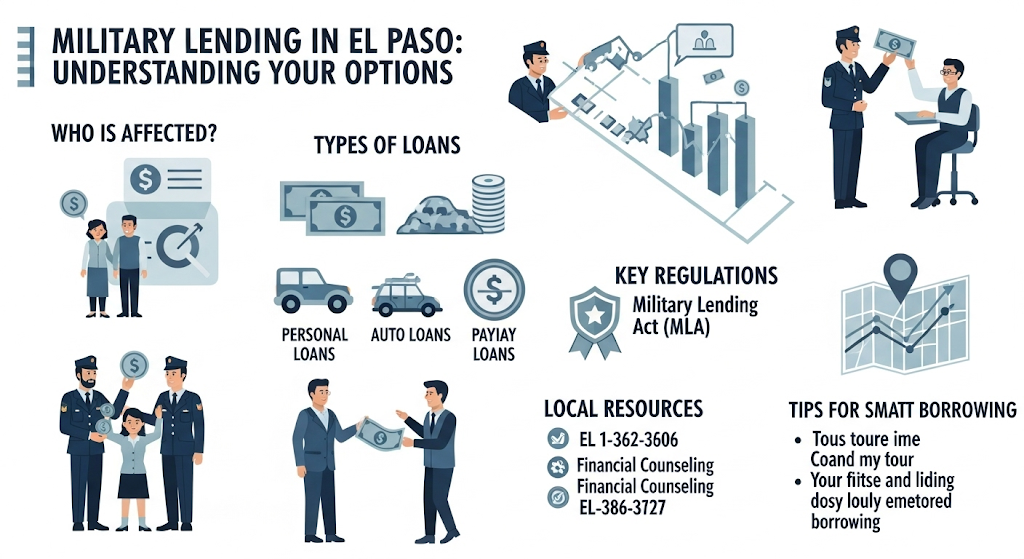 An infographic on military lending in El Paso, featuring illustrations of service members and civilians, and providing information on different types of loans, key regulations, and local resources.