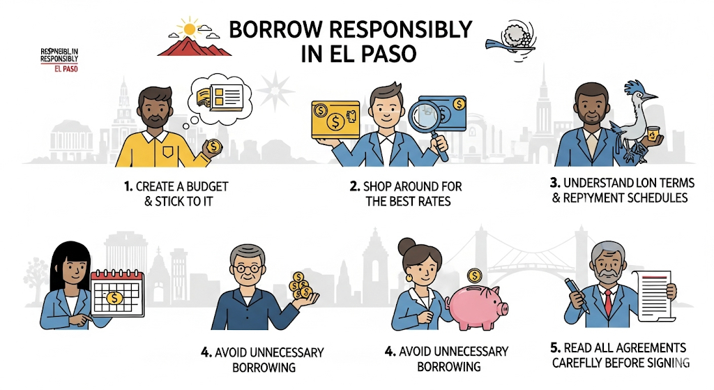 An infographic on how to "Borrow Responsibly in El Paso," with illustrations showing five steps: creating a budget, shopping for rates, understanding terms, avoiding unnecessary borrowing, and reading agreements carefully.