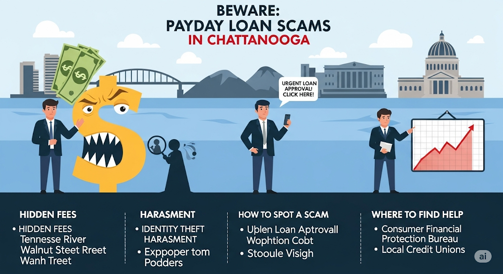 An infographic warning about "Payday Loan Scams in Chattanooga," featuring a large, toothy dollar sign and illustrations of people, a city skyline, and bullet points on how to spot and avoid scams.