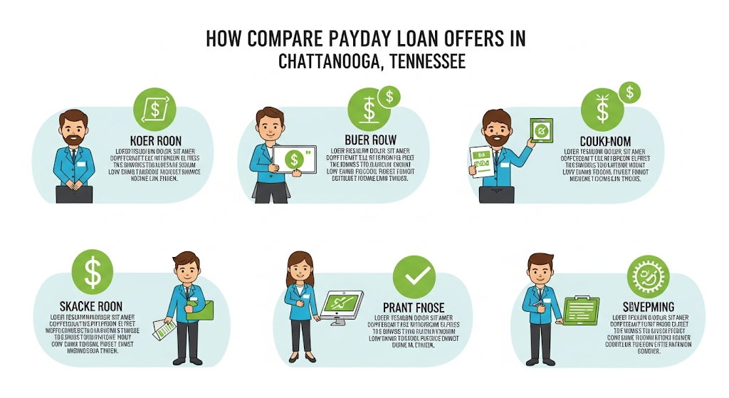 An infographic titled "How Compare Payday Loan Offers in Chattanooga, Tennessee," showing six illustrations of people holding signs with text and graphics related to comparing loan offers.