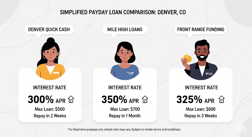 An infographic titled "Simplified Payday Loan Comparison: Denver, CO," showing three different loan options with their interest rates, maximum loan amounts, and repayment terms.