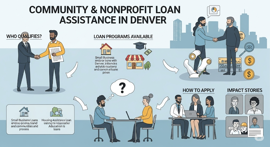 An infographic on "Community & Nonprofit Loan Assistance in Denver," showing different loan programs, who qualifies, how to apply, and the positive impact of these loans.