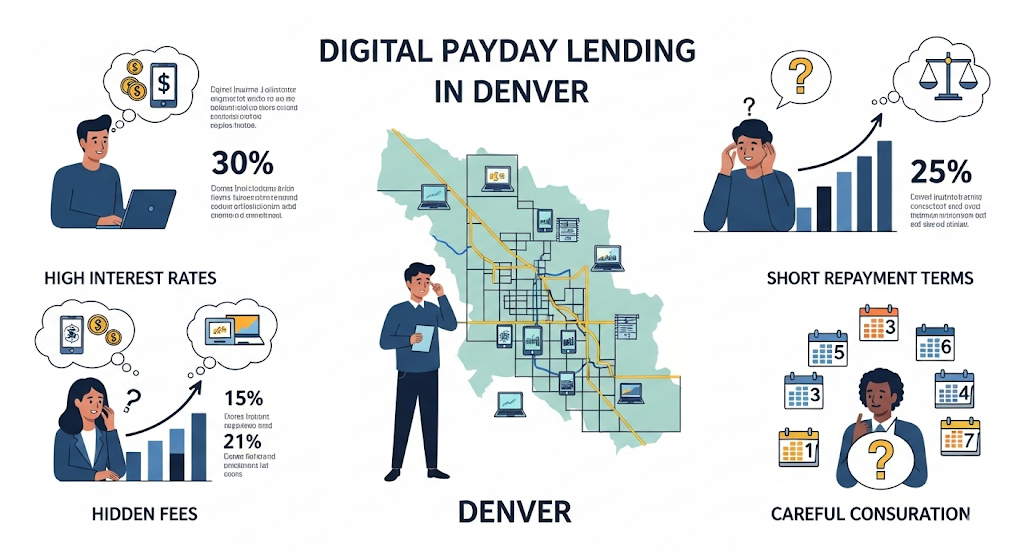 An infographic on "Digital Payday Lending in Denver," showing a map of the city, and illustrating key aspects of online loans such as high interest rates, hidden fees, and short repayment terms.
