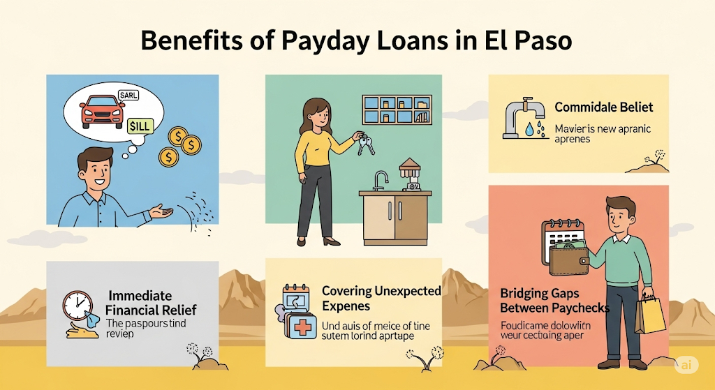 An infographic titled "Benefits of Payday Loans in El Paso," with illustrations showing people and text related to topics like immediate financial relief, covering unexpected expenses, and bridging gaps between paychecks.