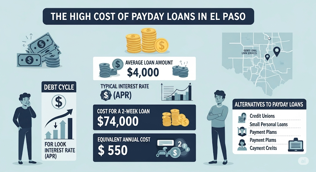 An infographic titled "The High Cost of Payday Loans in El Paso," featuring a map of the city and various statistics, illustrating the financial impact of payday loans and suggesting alternatives.