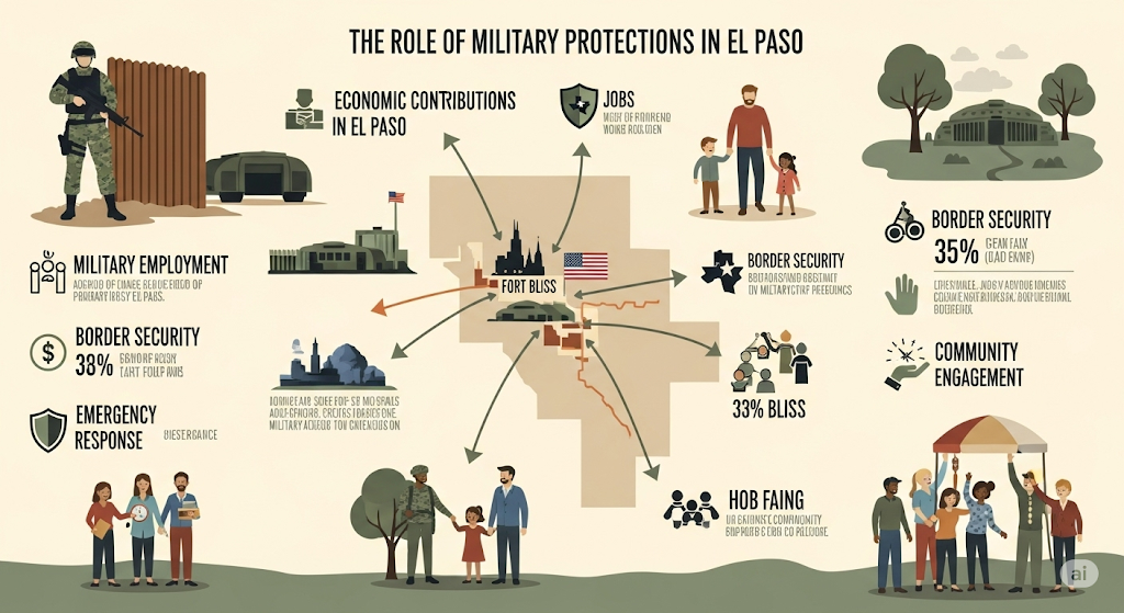 An infographic on "The Role of Military Protections in El Paso," featuring a map and illustrations that show the economic contributions, jobs, border security, and community engagement related to the military presence.