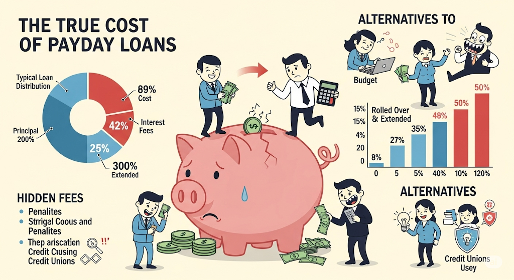 An infographic on "The True Cost of Payday Loans," featuring a large, weeping piggy bank and illustrations showing a pie chart of costs, hidden fees, and alternatives like credit unions.