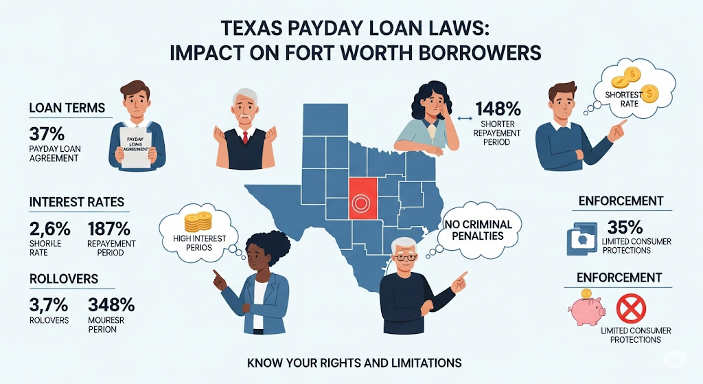 An infographic on "Texas Payday Loan Laws: Impact on Fort Worth Borrowers," with a map of Texas and illustrations showing statistics and legal information on loan terms, interest rates, and enforcement.