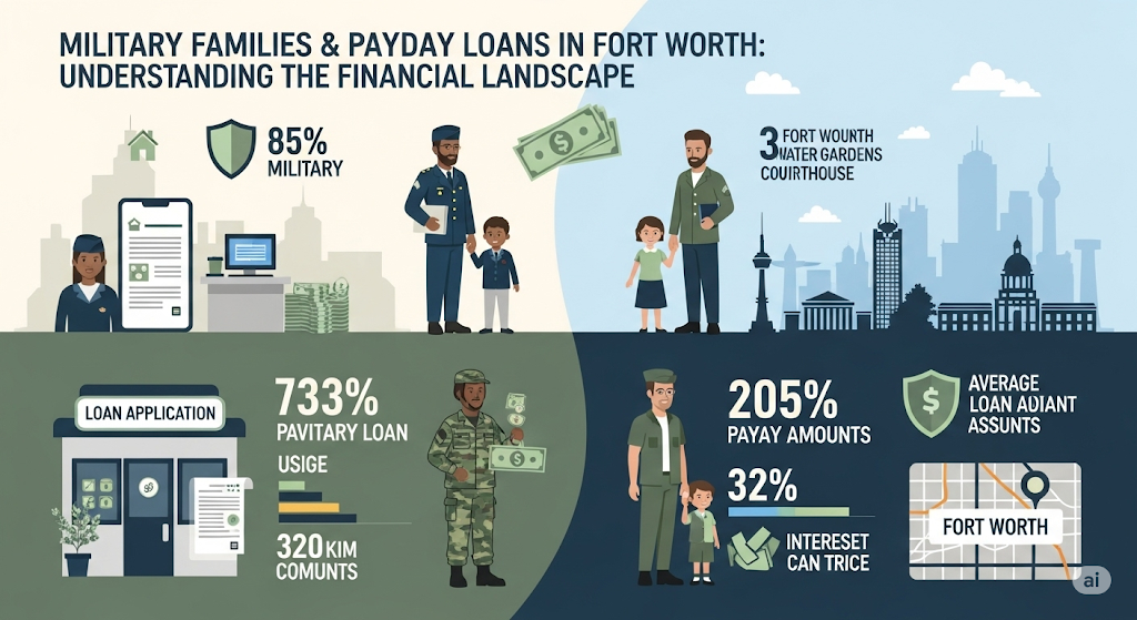An infographic on "Military Families & Payday Loans in Fort Worth," featuring illustrations of military personnel and their families, with statistics on loan usage and a map of Fort Worth.