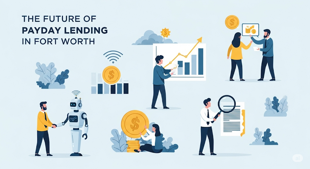 An infographic on "The Future of Payday Lending in Fort Worth," featuring illustrations of people, technology like robots, and financial trends like data analysis and growth charts.