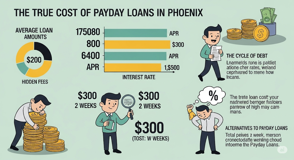 An infographic titled "The True Cost of Payday Loans in Phoenix," showing charts and illustrations that highlight high interest rates, hidden fees, the cycle of debt, and alternative options.