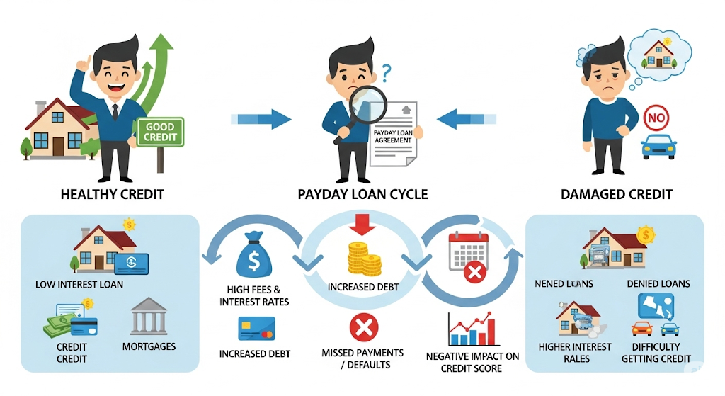 An infographic illustrating the "Payday Loan Cycle," showing a person with healthy credit, the path through a payday loan agreement leading to increased debt and damaged credit, and the negative outcomes.