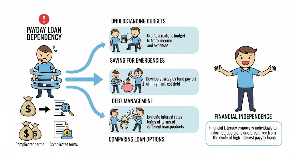 An infographic illustrating how to overcome payday loan dependency, showing a person trapped in a loan cycle and the steps to achieve financial independence through budgeting, saving, and debt management.