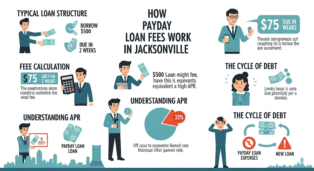 An infographic on "How Payday Loan Fees Work in Jacksonville," showing the typical loan structure, fee calculations, and the cycle of debt with illustrations of people and financial graphics.