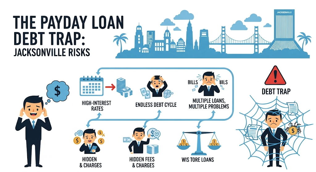 An infographic on "The Payday Loan Debt Trap: Jacksonville Risks," showing a city skyline and illustrating the path from high-interest rates and hidden fees to an endless debt cycle, ending in a person trapped in a spiderweb.