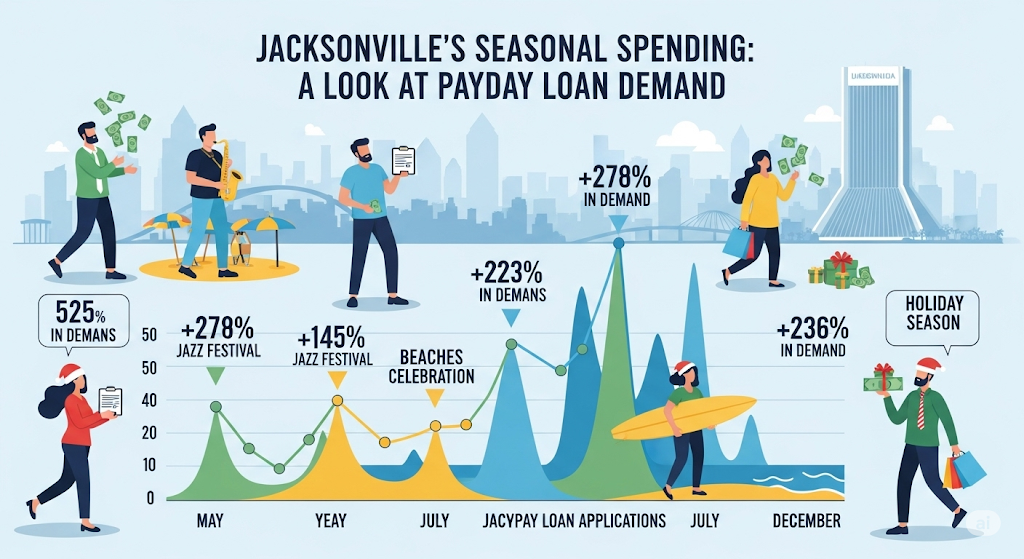 An infographic on "Jacksonville's Seasonal Spending: A Look at Payday Loan Demand," with a line graph showing peaks in loan applications tied to local events and seasons, such as the jazz festival and the holidays.