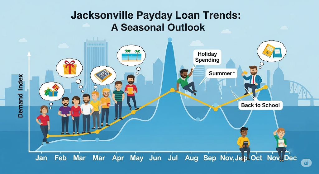 An infographic on "Jacksonville Payday Loan Trends: A Seasonal Outlook," showing a line graph of demand index over the year, with illustrations of people and icons representing different seasons and events like holiday spending and back to school.